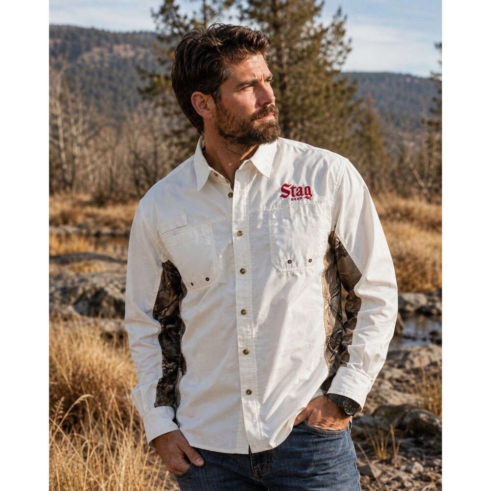 Gamehide Hunting Wear Shirt Mens XLARGE White Long Sleeve Stag Beer Embroidered
